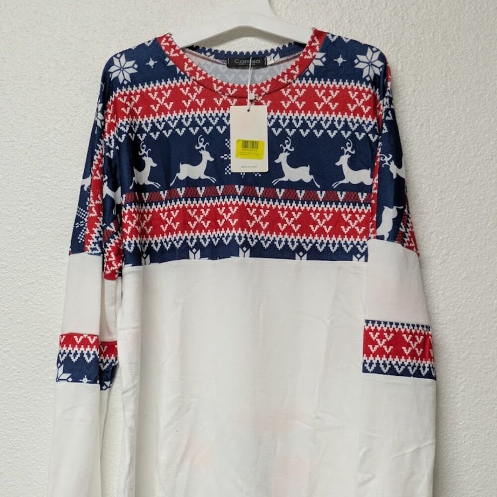 Camisa Christmas Holiday Reindeer Navy Fair Isle Color Block Long-Sleeve Top - L